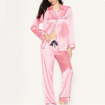 Pijamas de satén para Mujer Verano Otoño Larga Pijama ropa de dormir de Seda Rayada Damas Pjs Desgaste de la Noche Loungewear Casa Traje de Dropshipping