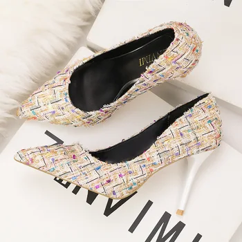 2019 primavera otoño nuevo tweed de pata de gallo bloque de zapatos de tacón alto para mujer de la moda retro zapatos de las mujeres