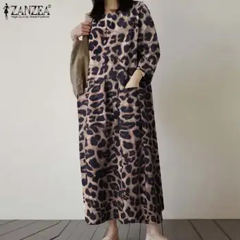 2021 Otoño de Manga Larga Vestido ZANZEA Fiesta de Mujeres de Largo Maxi Vestido Casual de Leopardo Impresa Vestidos Túnica Femenina Más el Tamaño 5XL