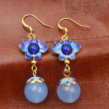 Yanting Cloisonné lotus aretes para las mujeres calcedonia azul perlas de audiencias de la moda de joyería étnica aretes de regalo de cumpleaños 087