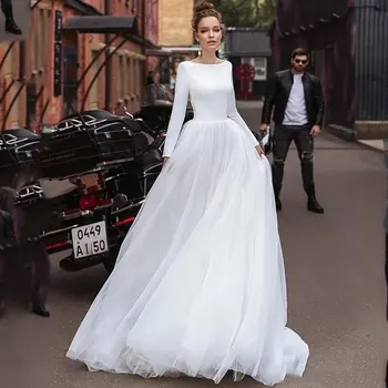 Robe de mariee de la boda vestido de túnica de raso largo de manga larga Túnica De Gala simple túnica de gala de la novia a ser платье