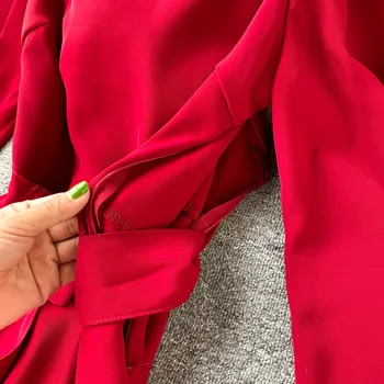 Otoño de Manga Larga cinturón Vestidos de las Mujeres de la plaza collar Elegante retro Midi Vestidos de Señora puff manga Ropa Casual Vestido de 2020