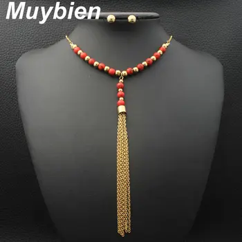 Muybien Nuevo diseño Simple de Acero Inoxidable color oro Collar y Aretes conjuntos de Joyas Para las Mujeres SEUJAHBE