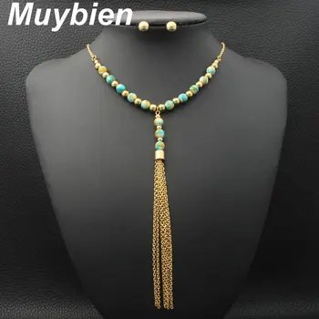 Muybien Nuevo diseño Simple de Acero Inoxidable color oro Collar y Aretes conjuntos de Joyas Para las Mujeres SEUJAHBE