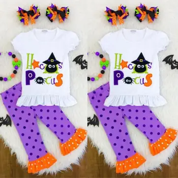 Halloween Infantil de las Niñas de Bebé de los Niños de Manga Corta T-shirt Tops de Punto de Polca Sueltos Pantalones Trajes Conjunto