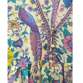 Púrpura amor-de aves de la impresión floral mini vestido V-cuello de manga corta vestido Boho 2017 nuevo verano de bohemia Casual de la marca de vestidos de las mujeres