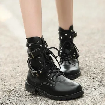 Venta caliente de la Moda de las Mujeres Botas de Moto de las Señoras de la Vendimia del Remache de Combate del Ejército de Punk Goth de Tobillo Zapatos de Motorista de Cuero Otoño de las mujeres botas