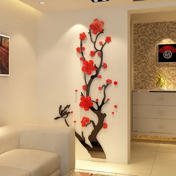 La Flor del ciruelo de Flor en 3D Pegatinas de Casa Tradicional de Estilo Chino Decoración de la Pared del Salón de TV de Fondo Acrílico Pegatinas de Pared