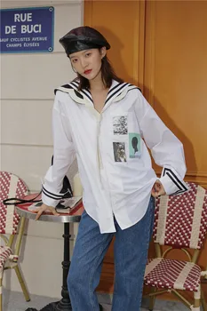 CHEERART de la Marina Marinero Collar de Diseñador de Ropa de las Mujeres de la parte Superior Y una Blusa de Manga Larga Botón de la Camisa 2020 de Moda Otoño 2020