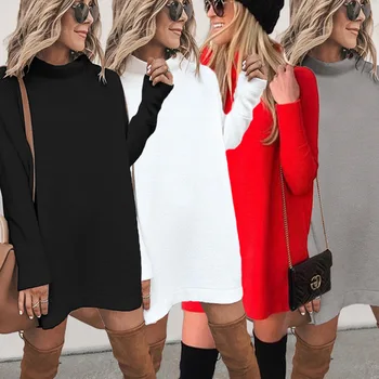 Negro de Cuello alto de Sólidos de la Moda de tejer Suéteres Vestido de 2020 Otoño Invierno de las Mujeres de Manga Larga Casual Streetwear Más de Tamaño Suéter