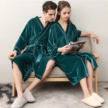 Unisex albornoz mujeres túnica femme hombres ropa de dormir Transpirable de Color Sólido Albornoz Empalme Casa de Ropa Túnica Par de Conjuntos de ropa de dormir