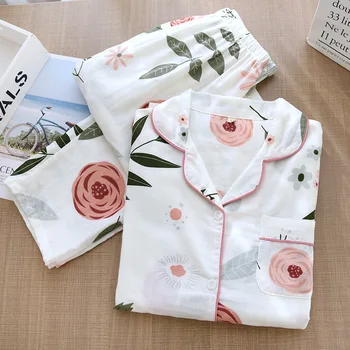 2021 Primavera Rosa Flor Blanca de la parte Inferior Gasa Doble M L XL Pijama Conjunto Cómoda de manga Larga, Pantalones de 2 piezas Pj Establece para las Mujeres