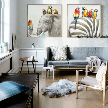 2 Pcs/Set Moderno pintado a Mano de la Lona Pintura al Óleo loros elefante Pintura de la Pared de la Imagen para la Sala de estar Decoración del hogar de la Imagen