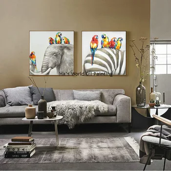 2 Pcs/Set Moderno pintado a Mano de la Lona Pintura al Óleo loros elefante Pintura de la Pared de la Imagen para la Sala de estar Decoración del hogar de la Imagen