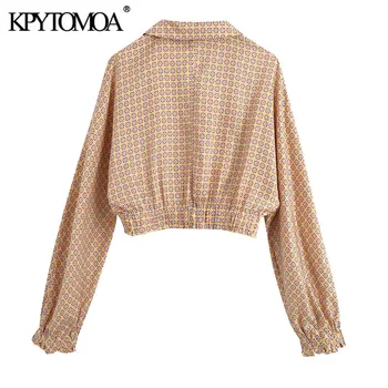 KPYTOMOA Mujeres 2020 de la Moda estampado Geométrico Recortada Blusas Vintage con Cuello de Solapa de Manga Larga Mujer Camisetas Blusas Tops Chic