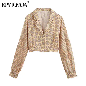 KPYTOMOA Mujeres 2020 de la Moda estampado Geométrico Recortada Blusas Vintage con Cuello de Solapa de Manga Larga Mujer Camisetas Blusas Tops Chic