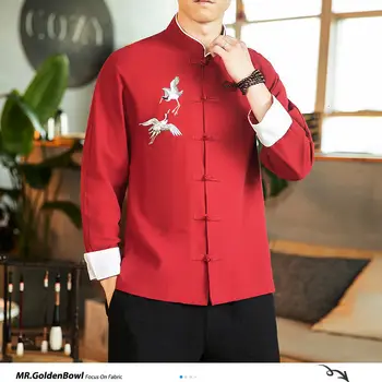 MrGoldenBowl Chino de la Grúa Bordado de Camisas Otoño Nuevo Hombre Casual de Manga Larga Blusa de Más el Tamaño de los Hombres Tops 2020 Camisa Masculina