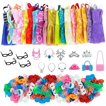 35 Artículo/Set de Muñecas Accesorios=10x Ropa de la Muñeca de Vestido +4x Gafas +6x Collar de Plástico +2x Bolso +3x Corona +10x Zapatos para Barbie