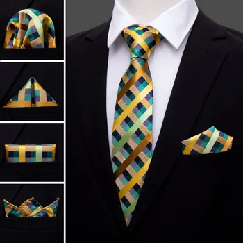 LS-1063 2016 Corbata Para los Hombres de Verde a Cuadros Seda Jacquard Tejido de Gravata Corbata Pañuelo de Gemelos Establecido Para los Hombres Formales, Fiesta de Boda el Novio