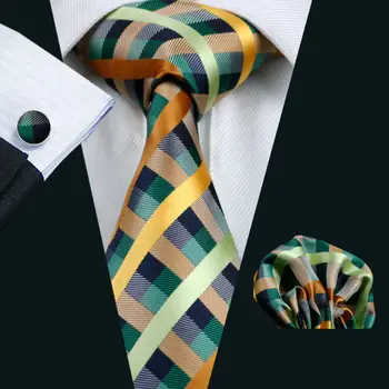 LS-1063 2016 Corbata Para los Hombres de Verde a Cuadros Seda Jacquard Tejido de Gravata Corbata Pañuelo de Gemelos Establecido Para los Hombres Formales, Fiesta de Boda el Novio
