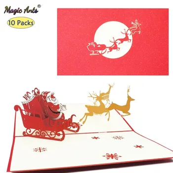 Pack de 10 Feliz Navidad Tarjetas de Santa Renos Trineo de Pop-Up Tarjetas con Sobres de la etiqueta Engomada de Año Nuevo de Tarjetas de Felicitación Regalos hechos a Mano