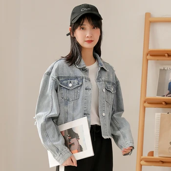 HAYBLST Marca de la Mujer de la Chaqueta de Otoño de Nuevo 2020 Chaquetas de Jean Para Mujer de la Ropa de Mezclilla Abrigo de Mangas Largas Estilo coreano Agujero de Impresión de Ropa