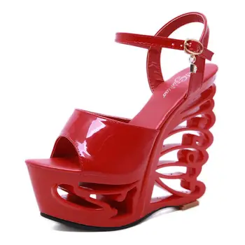 Verano Sandalias de Plataforma de las Mujeres Peep Toe de Calado Tacones de 15 cm de Cuñas de Talón Tobillo Hebillas de Mujer Sandalias de Fiesta Zapatos de las Bombas Negro Rojo