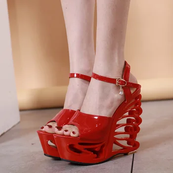 Verano Sandalias de Plataforma de las Mujeres Peep Toe de Calado Tacones de 15 cm de Cuñas de Talón Tobillo Hebillas de Mujer Sandalias de Fiesta Zapatos de las Bombas Negro Rojo