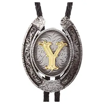 Vintage Gold Carta ABCDEFG-Z en forma de U de corbata bolo para hombre de Indio, vaquero occidental vaquera cuerda de cuero de aleación de zinc corbata
