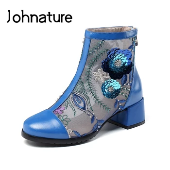 Johnature De Cuero Genuino Zapatos De Las Mujeres Botas De Verano Bordar Puntera Redonda 2020 Nueva Primavera Zip Hueco De Encaje De Malla De Tobillo Sandalias Botas