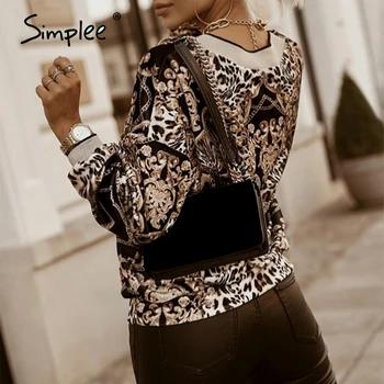 Simplee Moda v-cuello de la cadena de la impresión del leopardo de las mujeres blusa de primavera Casual de manga larga de las señoras blusas de mujer de la calle High tops 2021