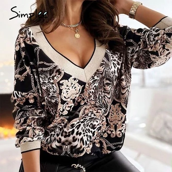 Simplee Moda v-cuello de la cadena de la impresión del leopardo de las mujeres blusa de primavera Casual de manga larga de las señoras blusas de mujer de la calle High tops 2021
