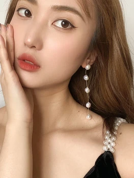 S925 aguja de la perla natural de larga pendientes de mostrar la cara delgada pendientes temperamento coreano web de la celebridad sentido superior pendientes