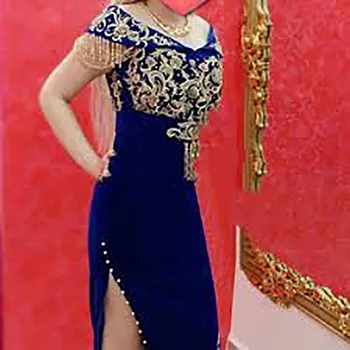 Sevintage Real De Terciopelo Azul Vestidos De Noche Karakou Argelino Con Cuentas Vestidos De Fiesta Con Apliques De Encaje Formal De Las Mujeres Vestido Personalizado Mde