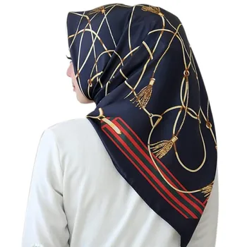 90*90 musulmán bufanda para las mujeres de seda mezcla impreso de Malasia velo de la moda de raso envolver la cabeza bufandas cuadradas hiyab femme musulman