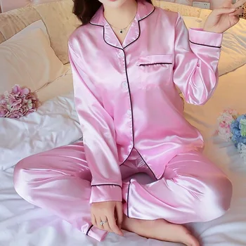 KANCOOL Mujer de Seda de Satén Pijamas Pijamas Conjunto de Manga Larga ropa de dormir Pijamas Traje de Mujer de Sueño de Dos piezas Loungewear Más el Tamaño