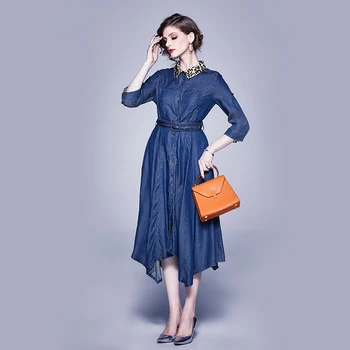 Verano Irregulares Tencel De Mezclilla Azul Vestido Midi Zomerjurk Dames 2020 Vestido De Las Señoras Vestido Talla Grande Vetement Femme K3119