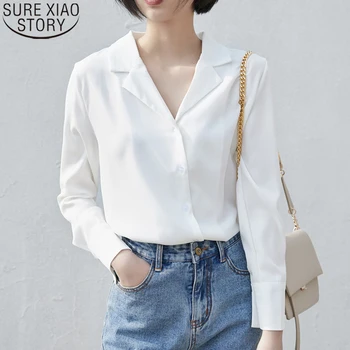 2021 Nuevo coreano Sólido Blusas Tops de la Primavera de las Mujeres Blancas de Manga Larga de Gasa Camisetas OL Estilo Suelto Traje Acolchado Ropa Blusa 9383