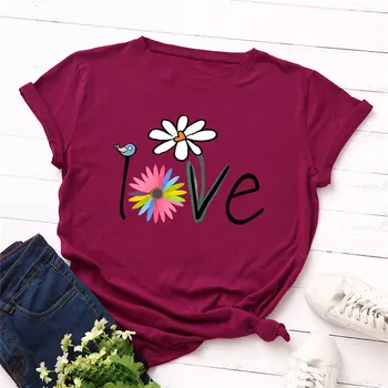 El verano Más el Tamaño de Camiseta Nueva de la Flor de Impresión de la Camiseta de Algodón de las Mujeres T-Shirt O Cuello de Camisetas de Manga Corta para las Mujeres de color Rosa Tops
