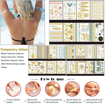 Metálico Tatuajes Temporales para las Mujeres Adolescentes Niñas - 8 Hojas de Tatuajes Temporales de Brillo Iridiscente, de los Diseños de Joyería Tatuajes