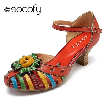 SOCOFY Elegante Floral Colorida del Cuero Genuino de Empalme Winebowl Talón Pescador Sandalias Elegantes zapatos de Tacón Alto Sandalias de Verano