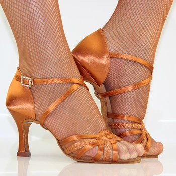 Baile latino Zapatos de Mujer Adulta Suave de la parte Inferior del Punzón Talón de Salsa en la Plaza de Zapatos de Baile de BD latina Zapatos Auténticos 2365 Importados de Satén de Diamante