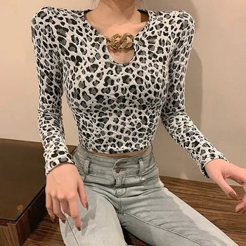 Nomikuma coreano Leopard Corta Mujer T Camisetas de la Cadena de V-cuello de Hojaldre Camiseta de Manga Larga Tops Sexy Slim Recortar la parte Superior de la Camisa de 2021 Nueva 6E474
