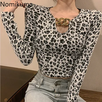 Nomikuma coreano Leopard Corta Mujer T Camisetas de la Cadena de V-cuello de Hojaldre Camiseta de Manga Larga Tops Sexy Slim Recortar la parte Superior de la Camisa de 2021 Nueva 6E474