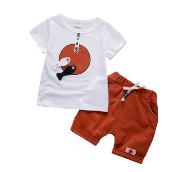 Niños Chicos Lindos Peces Patrón Impreso T-shirt Top Corto Pantalones Conjuntos de Niños de Algodón Suave Trajes de 1-4 años