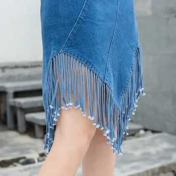 El mejor Vendedor de la Falda de 2019 Streetwear de la Borla de la Rodilla-Longitud de Azul Negro de Falda Corta de la Moda Elástico Skinny Jean Ropa de Mujer Faldas