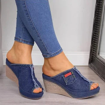 Verano De Las Señoras Zapatos Con Tacones Elegantes Para Mujer Azul Vaquero Cómodo Open-Toe Zapatos De Las Cuñas De Plataforma Abierta Sandalias Zapatillas