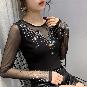 2020 Primavera coreana de Ropa de Moda Sexy Patchwork Diamantes T-shirt de las Mujeres Tops Ropa Mujer de Manga Larga tocando Fondo Camisa Camiseta T02714