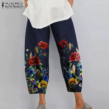 Plus Tamaño de la Vendimia Impreso Harén Pantalones de las Mujeres del Otoño Pantalones ZANZEA 2021 Casual Elástico de la Cintura del Pantalon Femenino Floral Nabo 5XL