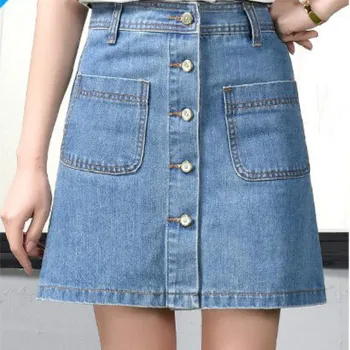 Las faldas de las Mujeres de Una línea Sólida Simple del Dril de algodón de Cintura Alta del Mini Casual de Diario de Estilo coreano de Moda Elegante partido Womens Bolsillos Boton